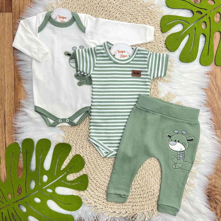  CONJ. DE MALHA 3 PEÇAS - Girafa Verde - Off White e Verde